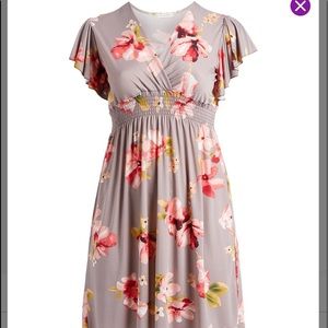 Taupe & Red Floral Ruffle Sleeve Surplice Dress
